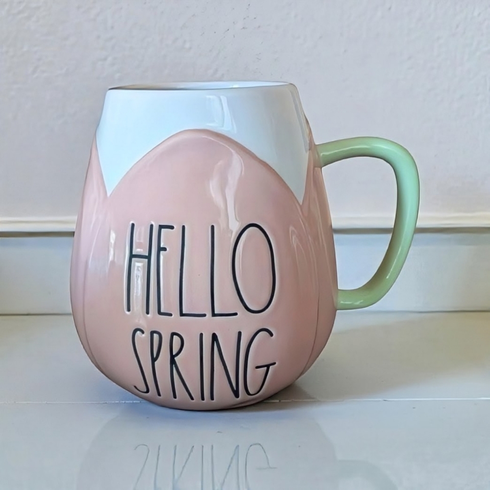 Rae Dunn HELLO SPRING Tulip Figural Mug in Soft Pink and Pastel Green